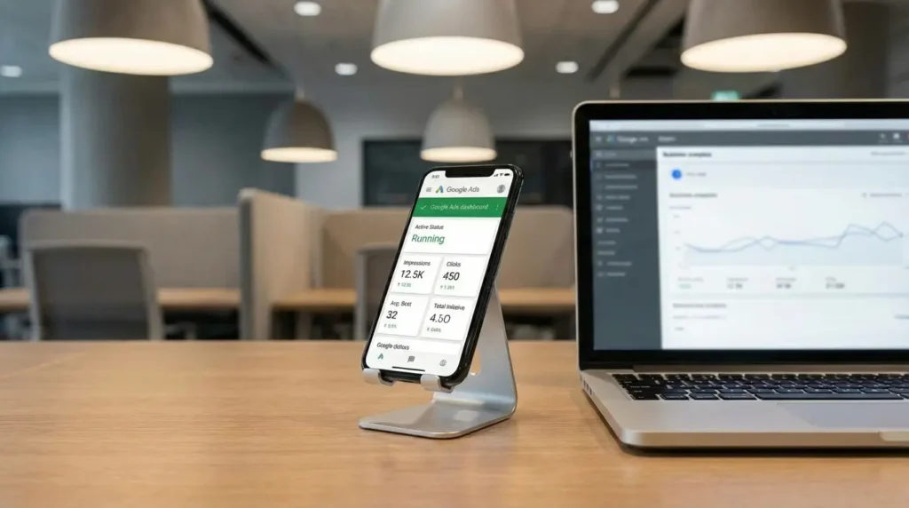 A mobile phone showing google ads performance marketing
