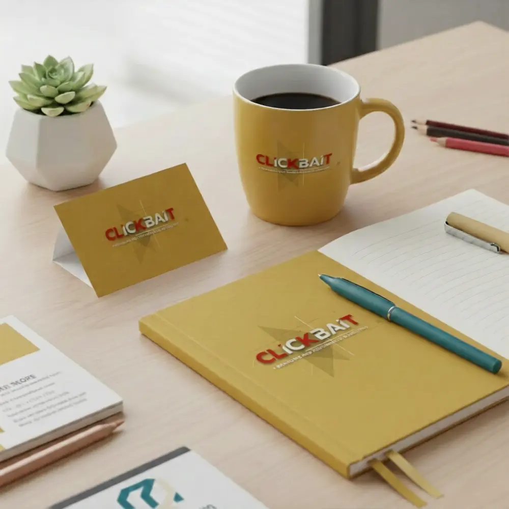 Digital marketing agency logo on a notebook, cup and visiting card