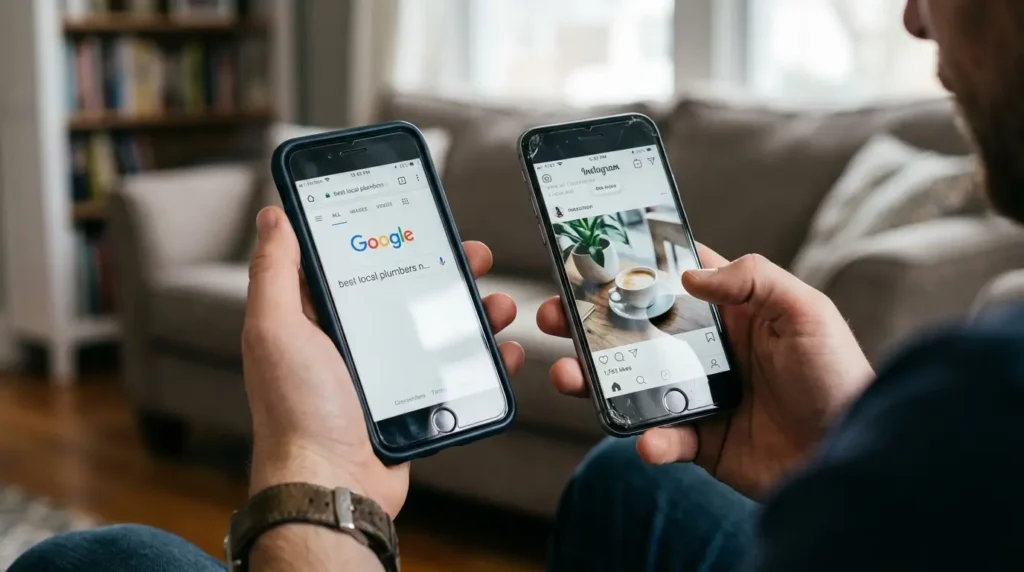 Google search bar and social media post