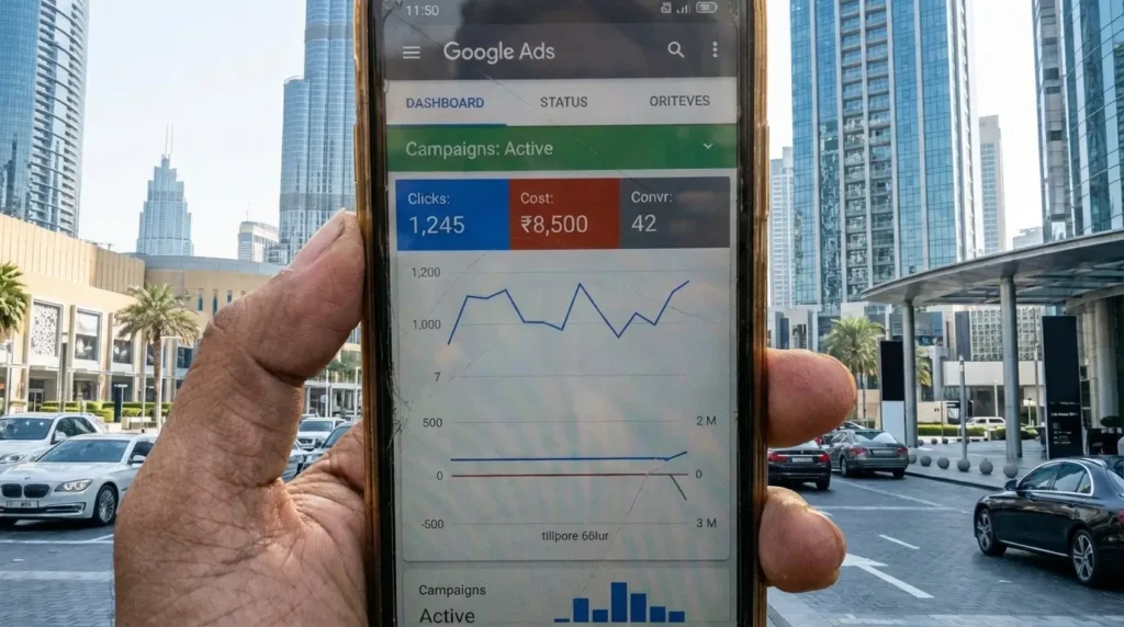 A man with phone in hand checking Google Ads conversions