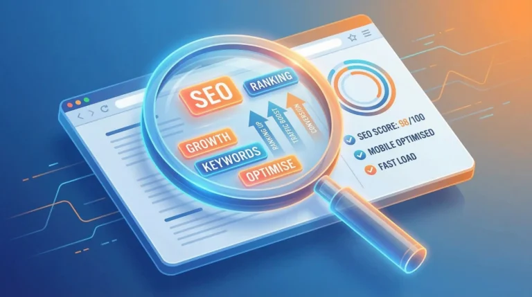 A magnifying glass hovering over SEO dashboard