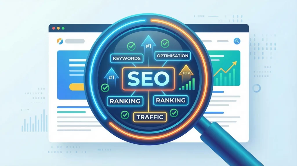 Magnifying glass hovering over Search Engine Optimisation