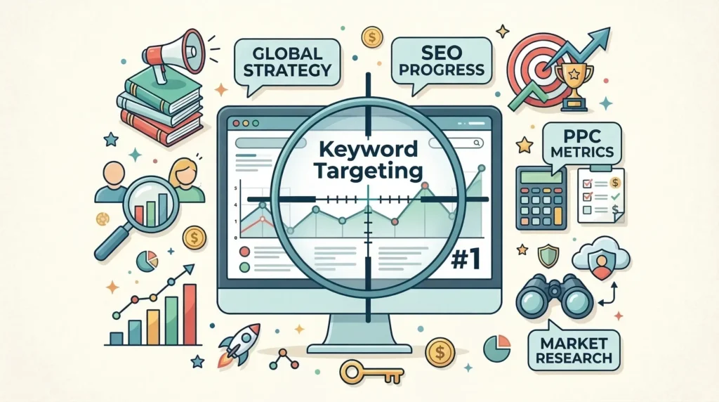 A monitor with Google Ads keyword targetting and a crosshair pointing at it