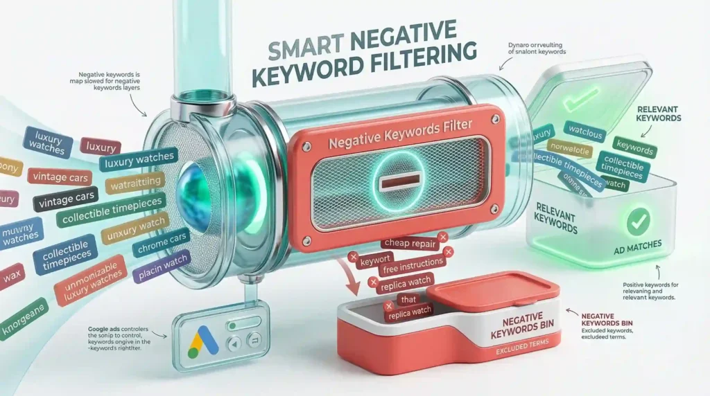 A filter that is filtering out negative keywords to optimise google ads
