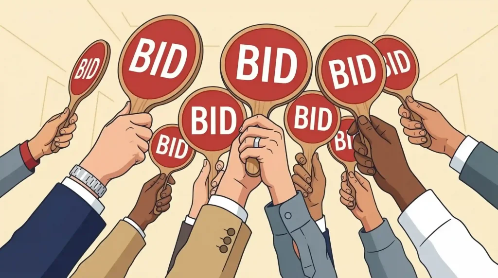 Hands raising boards for bidding