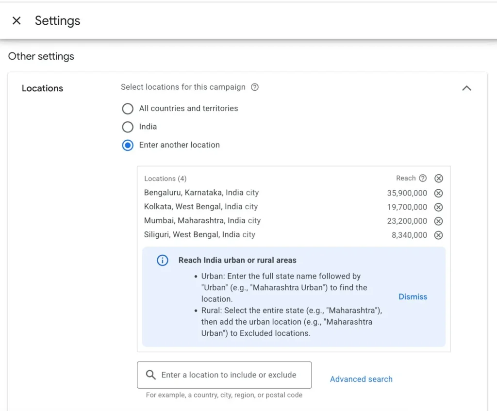 Geographic location targetting in Google Ads
